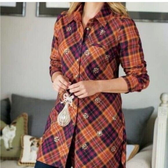 Soft Surroundings Women's Galveston Plaid Button Up Tunic Top Size Small (6-8) - Picture 1 of 8